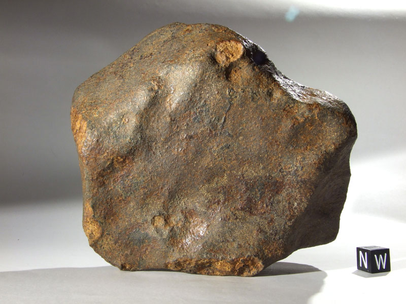Pułtusk - chondryt H5. Lekko zwietrzała skorupa obtopieniowa meteorytu Pułtusk (chondryt H5). Wciąż jednak doskonale widać jak oddziela się ona, również kolorystycznie, od jaśniejszego wnętrza okazu.  Źródło zdjęcia:   www.woreczko.pl