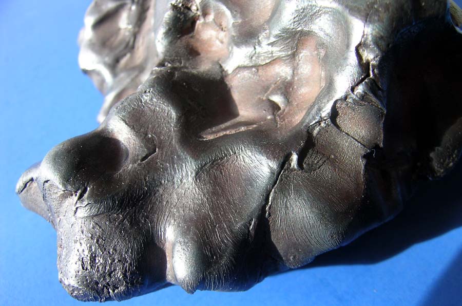 Sikhote Alin - Żelazny, IIB. Skorupa obtopieniowa "oblepia" kamienie przy przelocie przez atmosferę. Ten meteoryt Sikhote Alin jest pięknym tego przykładem. Dodatkowo możemy zaobserwować kierunek zastygania topionej warstwy.  Źródło zdjęcia:    http://www.meteoritehunter.com/